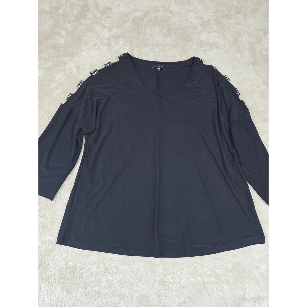 Ava & Grace Black‎ V Neck Embellished Shoulder Top Women's Size L